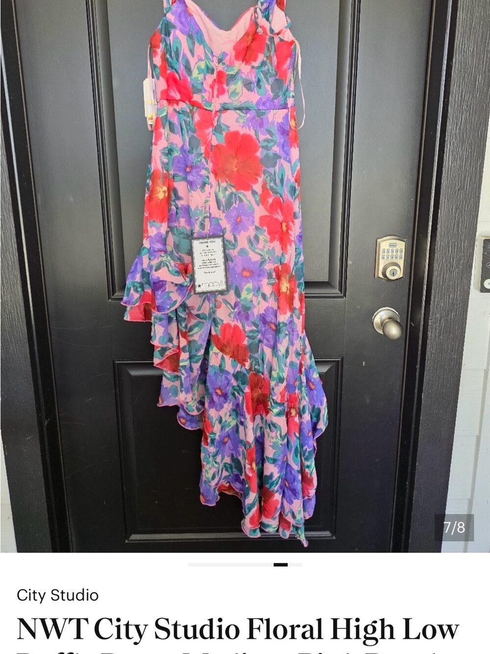 City Studio Pink Floral High-Low Ruffle Dress with Red & Purple Blooms
